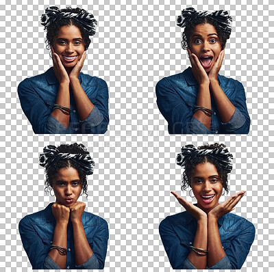 Buy stock photo Woman, portrait and different emotions in collage, happy and face isolated on a transparent png background. Girl, mosaic and surprise with excited smile, energy and wow with many facial expressions