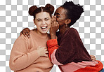 Friends, gossip and women laughing at secret joke on studio background with smile on face. Secrets, rumor and whisper in ear, black woman with happy woman discuss funny announcement for advertisement