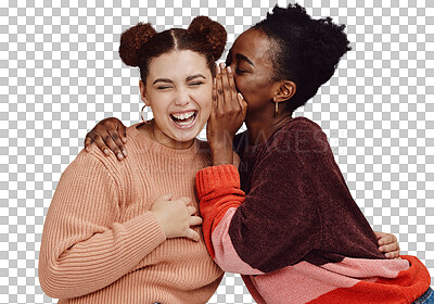 Friends, gossip and women laughing at secret joke on studio background with smile on face. Secrets, rumor and whisper in ear, black woman with happy woman discuss funny announcement for advertisement