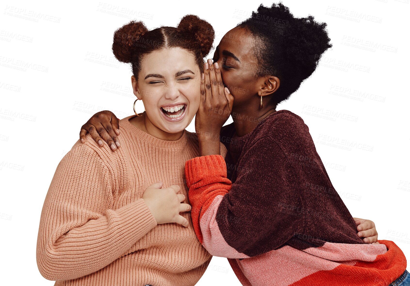 Buy stock photo Gossip, friends and women laughing together at secret joke on png transparent background with smile on face. Comic, rumor and whisper in ear, black person with happiness talking to girl with humor