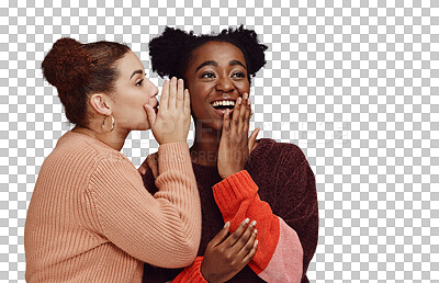 Friends, gossip and black woman laughing at secret on studio background and product placement mockup. Secrets, rumour and surprise whisper in ear, happy women smile discuss discount sale announcement