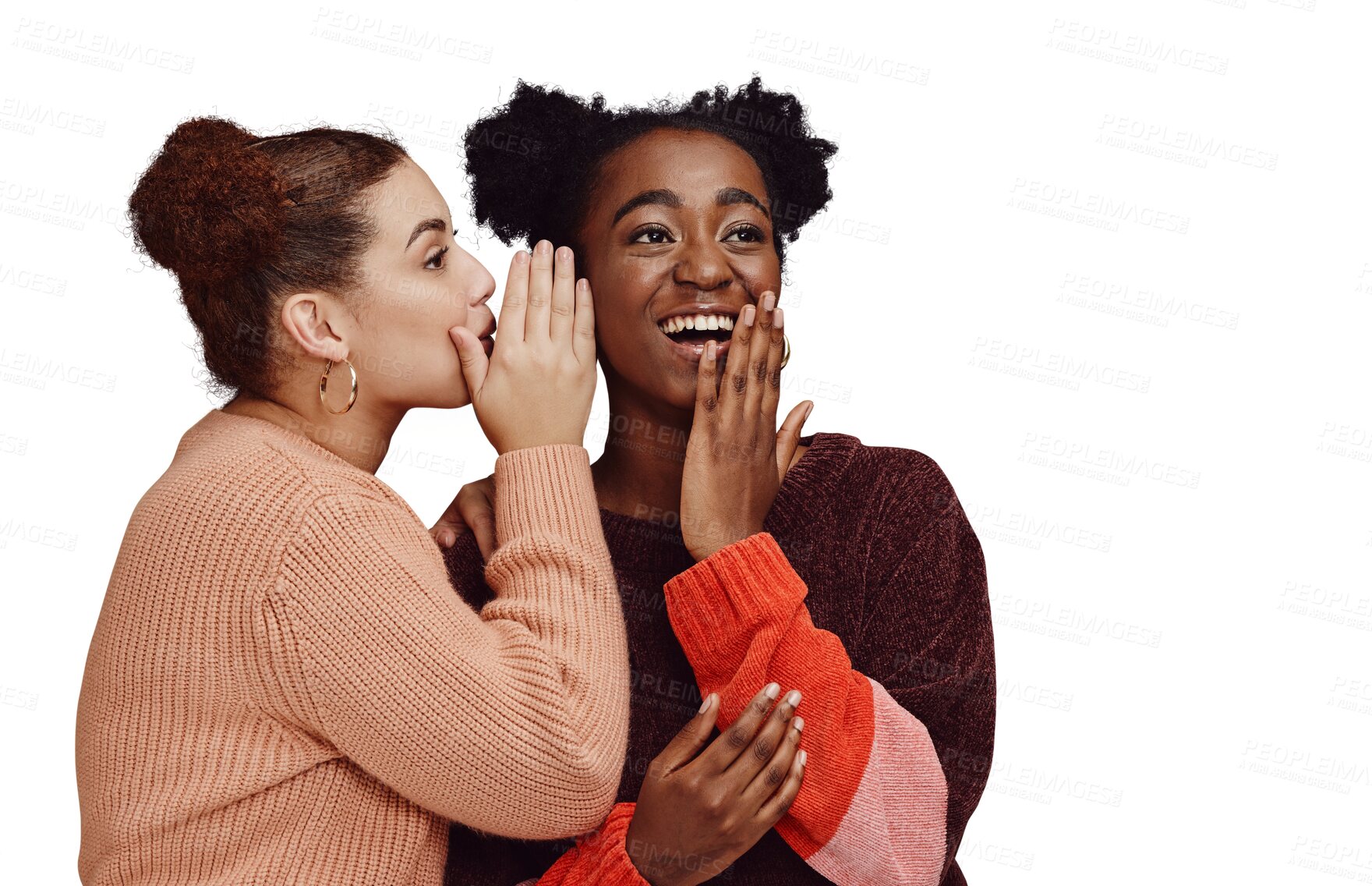 Buy stock photo Gossip, friends and women laughing together at secret joke on png transparent background with smile on face. Comic, rumor and whisper in ear, black person with happiness talking to girl with humor