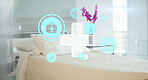 Healthcare network, graphic and a hospital bed in a ward for digital marketing of a medical agency. Connection, blockchain and a clinic bedroom with insurance, medicine and room for an emergency