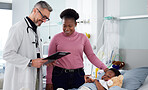 Document, doctor or child with mother in hospital bed for results, insurance or healthcare history. Kid, report or mature pediatrician with prescription or checklist for a happy mom or black woman