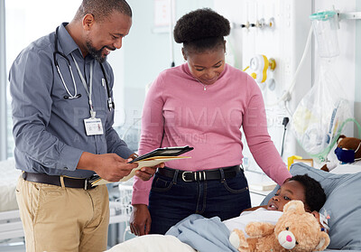 Buy stock photo Results, pediatrician or mother by child in hospital bed for good news, report or healthcare insurance. African kid, paper or doctor with prescription, document or checklist for a mom or black woman