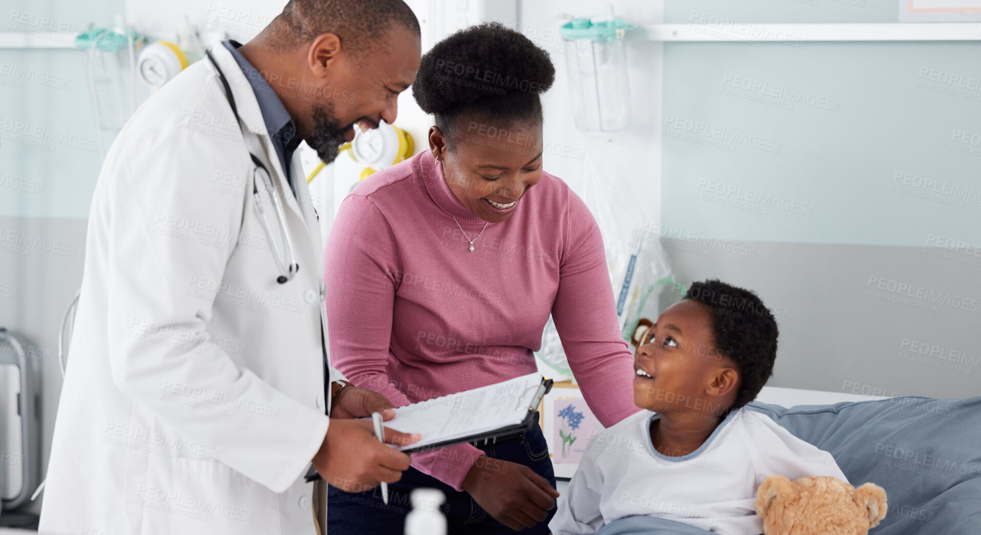 Buy stock photo Results, doctor or child with mother in hospital bed for good news, report or healthcare insurance. Kid, paper or African pediatrician with prescription or checklist for a happy mom or black woman