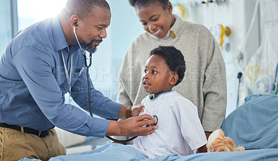 Buy stock photo Pediatrician, mother or child breathing in hospital for medical help, insurance exam or lungs test. Heart beat, stethoscope or doctor listening to kid patient, parent or African mom for wellness