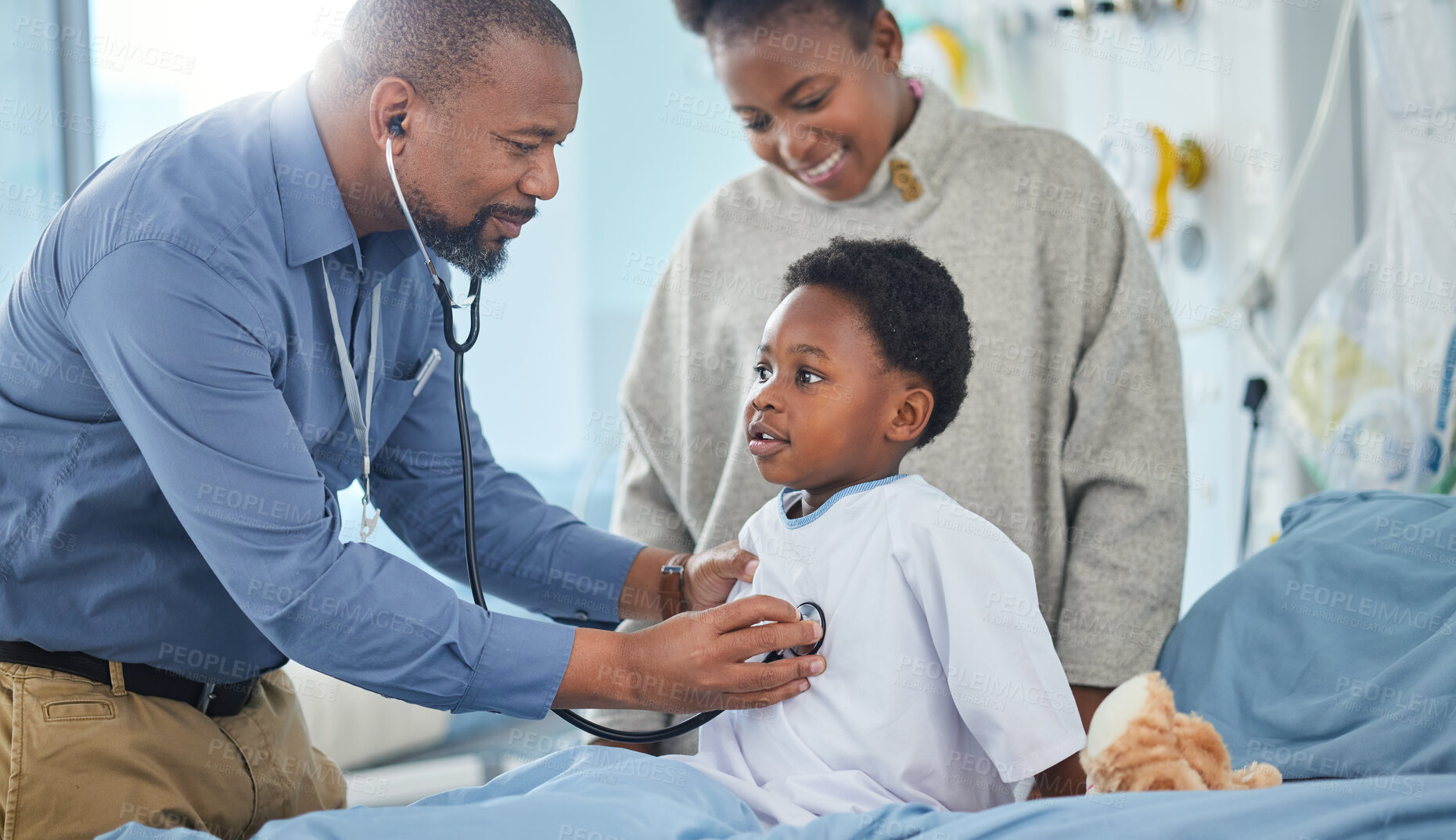 Buy stock photo Pediatrician, mother or child breathing in hospital for medical help, insurance exam or lungs test. Heart beat, stethoscope or doctor listening to kid patient, parent or African mom for wellness