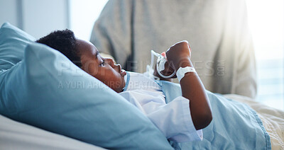 Buy stock photo Sick black kid in hospital at bed for healthcare, recovery from virus or healing injury in pediatric clinic. Disease, illness and African child resting or patient in bedroom in medical rehabilitation