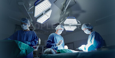 Buy stock photo Doctor, team and patient in surgery, people or emergency operation in theatre at hospital. Nurse or medical professionals working together in teamwork for surgical healthcare, doctors or service