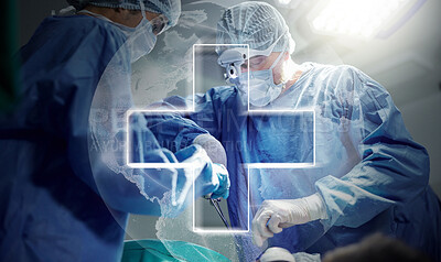 Surgery, people and global plus sign overlay for ICU emergency, wound healing service or clinic operation support. Dark room theatre team, worldwide healthcare icon or surgeon teamwork on saving life