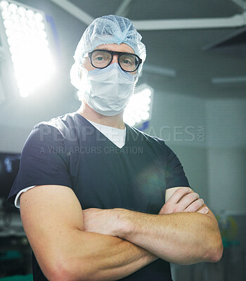 Buy stock photo Surgeon, man or portrait in theater or confident healthcare, professional or expert help. Male person, face mask or hospital operating room or medicine support, doctor or emergency care service trust