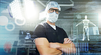 Buy stock photo Man, surgeon and portrait or futuristic medicine, healthcare overlay or body anatomy. Medical professional, face mask and confident or technology help hologram for operation, innovation or digital 3d