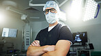 Man, portrait and surgery in operating room confident healthcare, professional or expert help. Male person, face mask or hospital theatre lights or medicine support, doctor or emergency care service