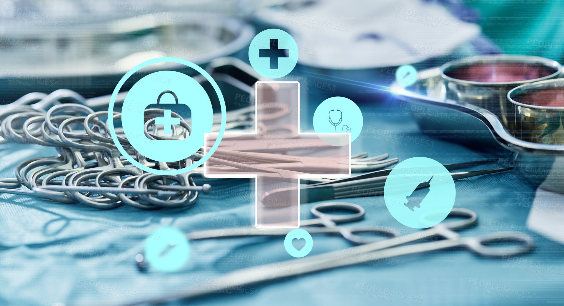 Buy stock photo Healthcare, hologram and icons on medical equipment in hospital, medicare and kit for surgery. Close up, innovation and overlay on tools, medicine and instrument in theater, insurance and futuristic