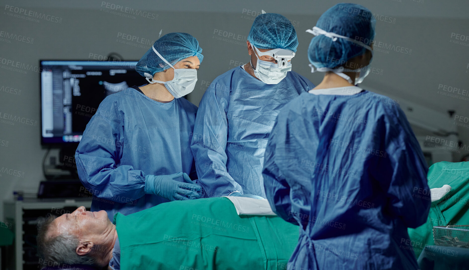 Buy stock photo Teamwork, hospital and doctors working on a surgery for medical treatment in a theatre room. Collaboration, career and professional surgeons doing a healthcare operation on a patient in a clinic.