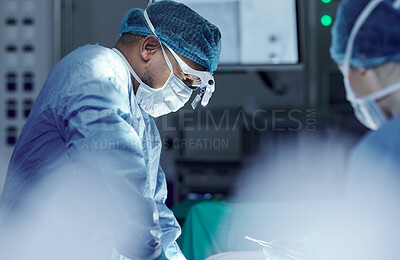 Buy stock photo Medical, teamwork and doctors in theater for surgery together, working in a clinic to save a life. Healthcare, emergency and a surgeon team in the operating room of a hospital for an operation