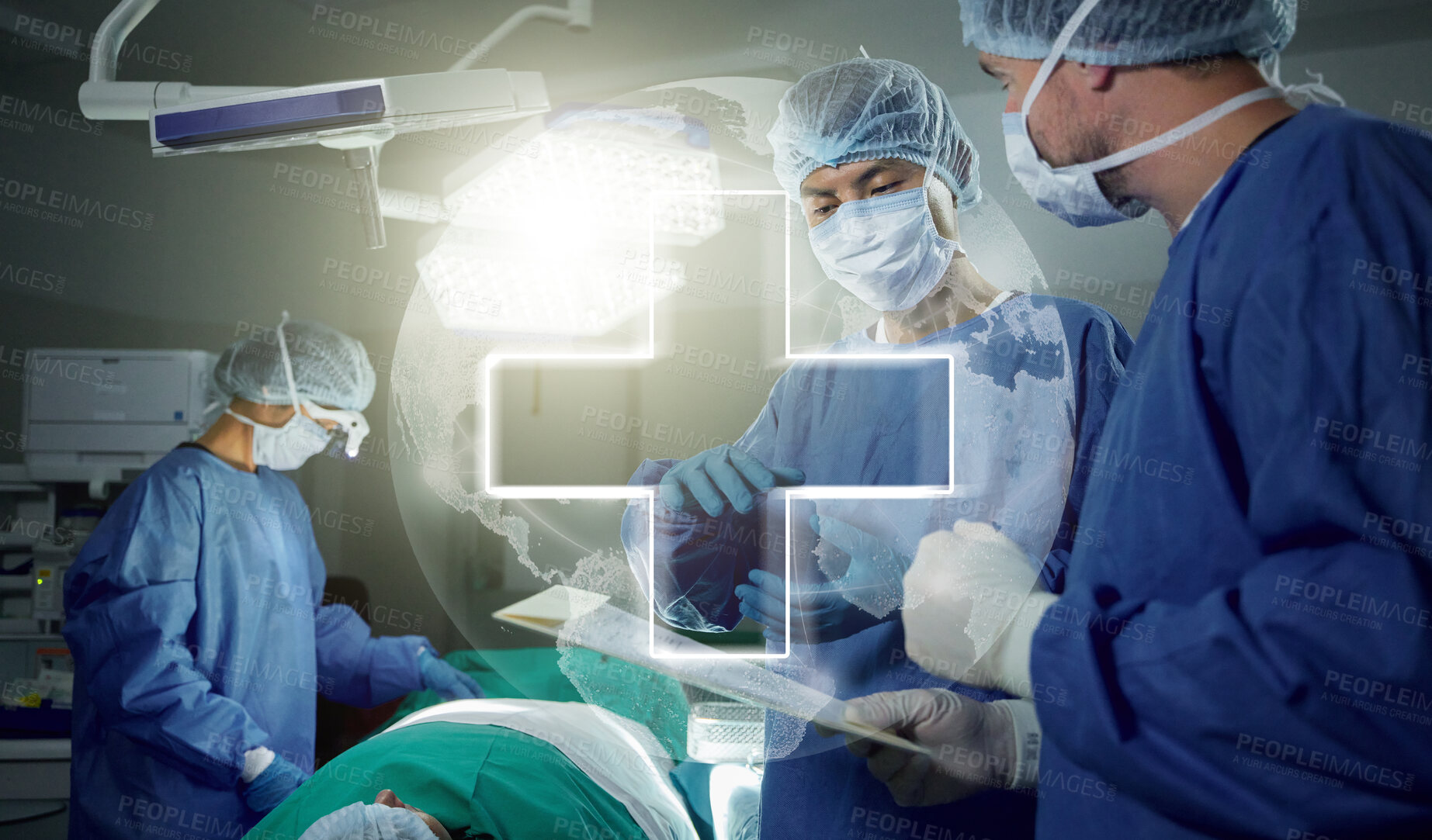 Buy stock photo Surgery overlay, doctors and discussion on folder, hospital emergency and review patient records for medical healing service. Dark operating room, teamwork and surgeon with world healthcare plus sign