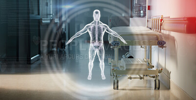 Buy stock photo Hologram, anatomy and a bed in the corridor of a hospital after work, ready for an emergency or accident. Healthcare, medical and overlay with a gurney in the empty hallway of a health clinic