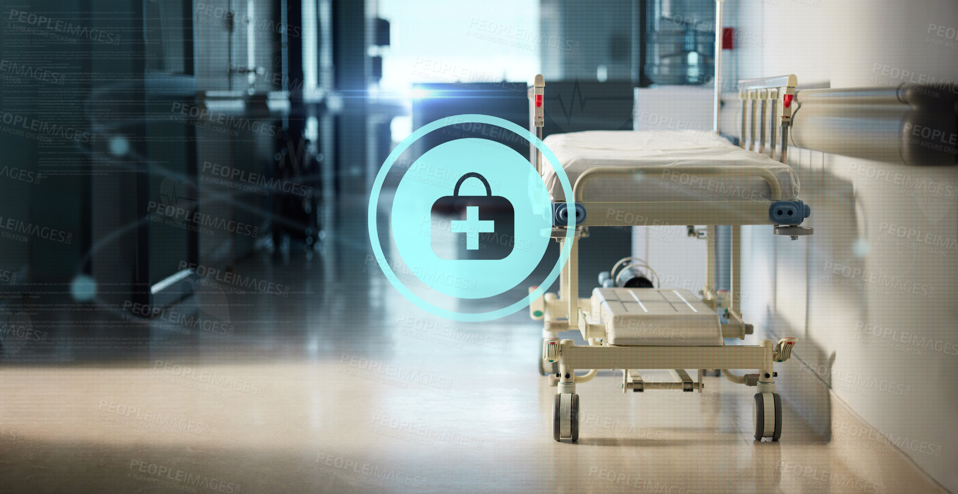 Buy stock photo Hologram, medicine and a bed in the corridor of a hospital after work, ready for an emergency or accident. Healthcare, medical and icon overlay with a gurney in the empty hallway of a health clinic