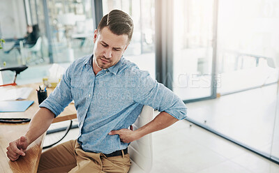 Buy stock photo Man, stretching and back pain from chair in office with stress, anxiety or frustrated with injury to muscle. Tired, employee and strain on spine in workplace with fatigue or problem in health
