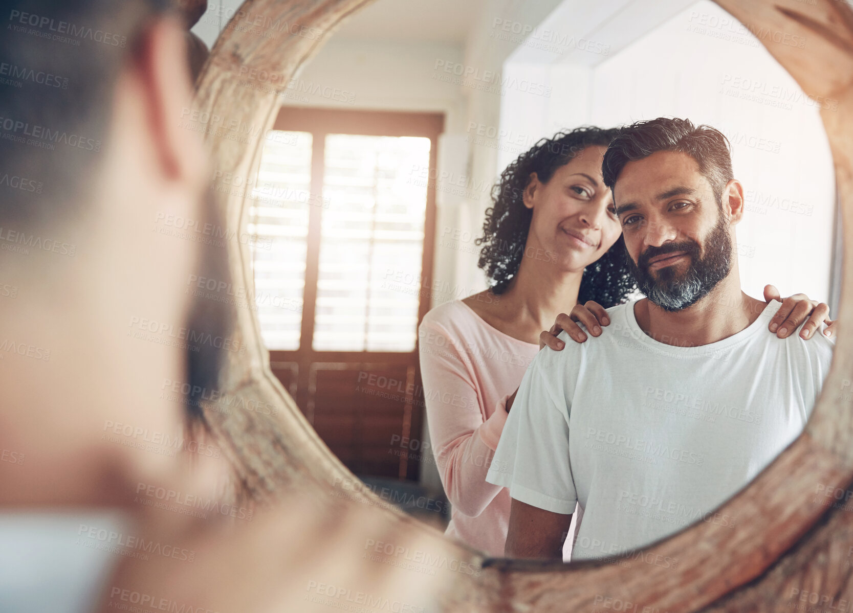 Buy stock photo Smile, reflection and morning with couple, mirror and wake up for support, love and care. Happy, man and woman for commitment, bonding together and home for intimacy marriage and healthy relationship