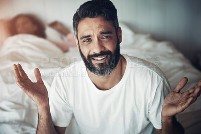 Buy stock photo Confused, portrait of a man with stress in the bedroom, home and marriage anxiety with wife. House, frustrated and face of a person with a gesture for mental health, fear or sad about a divorce