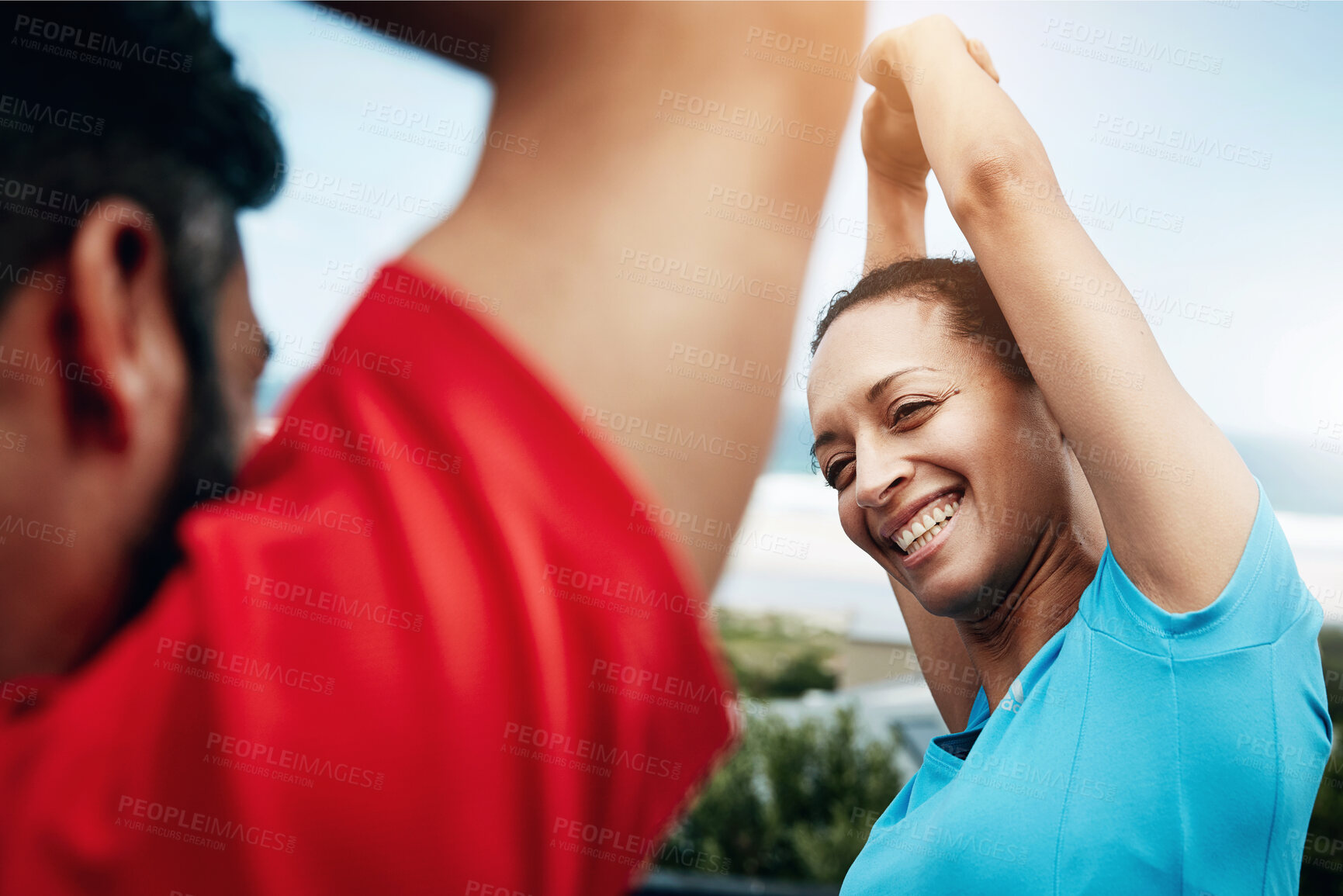 Buy stock photo People are stretching, fitness and start workout with athlete, personal trainer or couple ready for exercise outdoor. Health, wellness and prepare for sports and happy with warm up and flexibility