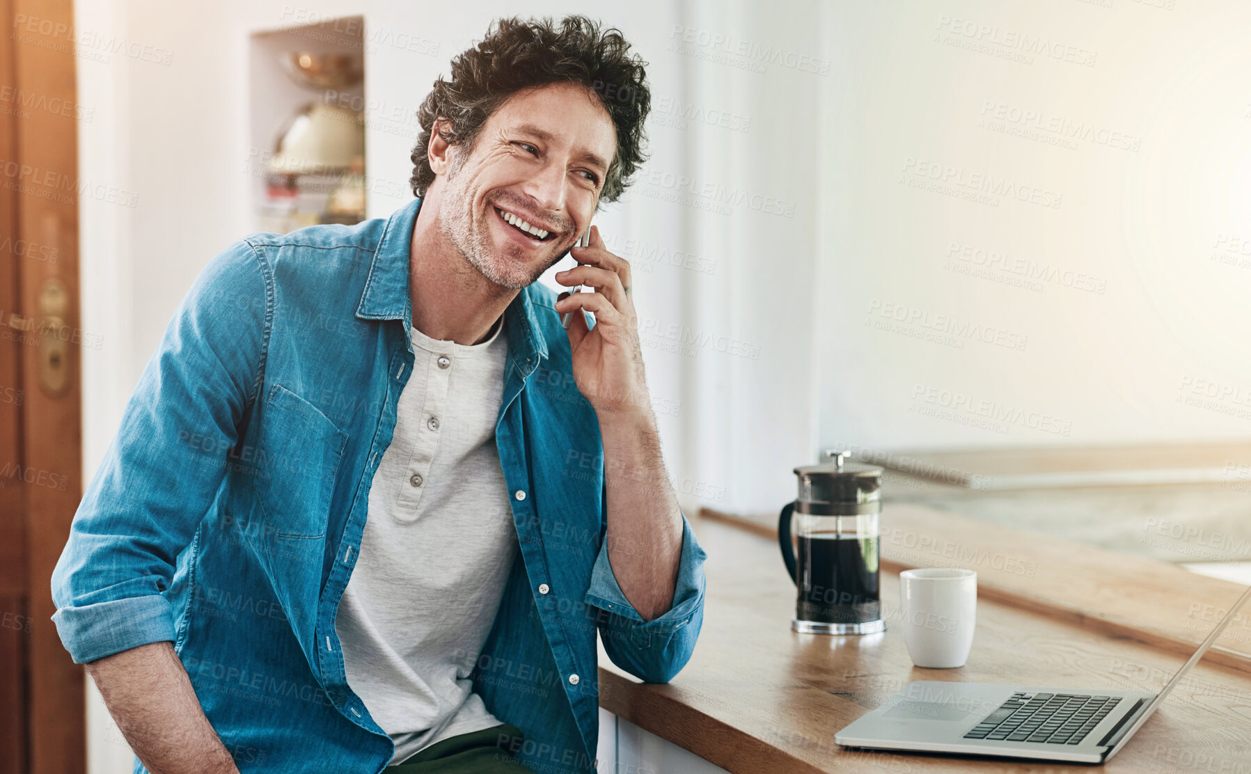 Buy stock photo Smile, thinking and man on a phone call about remote work, communication or planning online. Happy, house and a mature businessman or entrepreneur speaking on a mobile for conversation in the morning