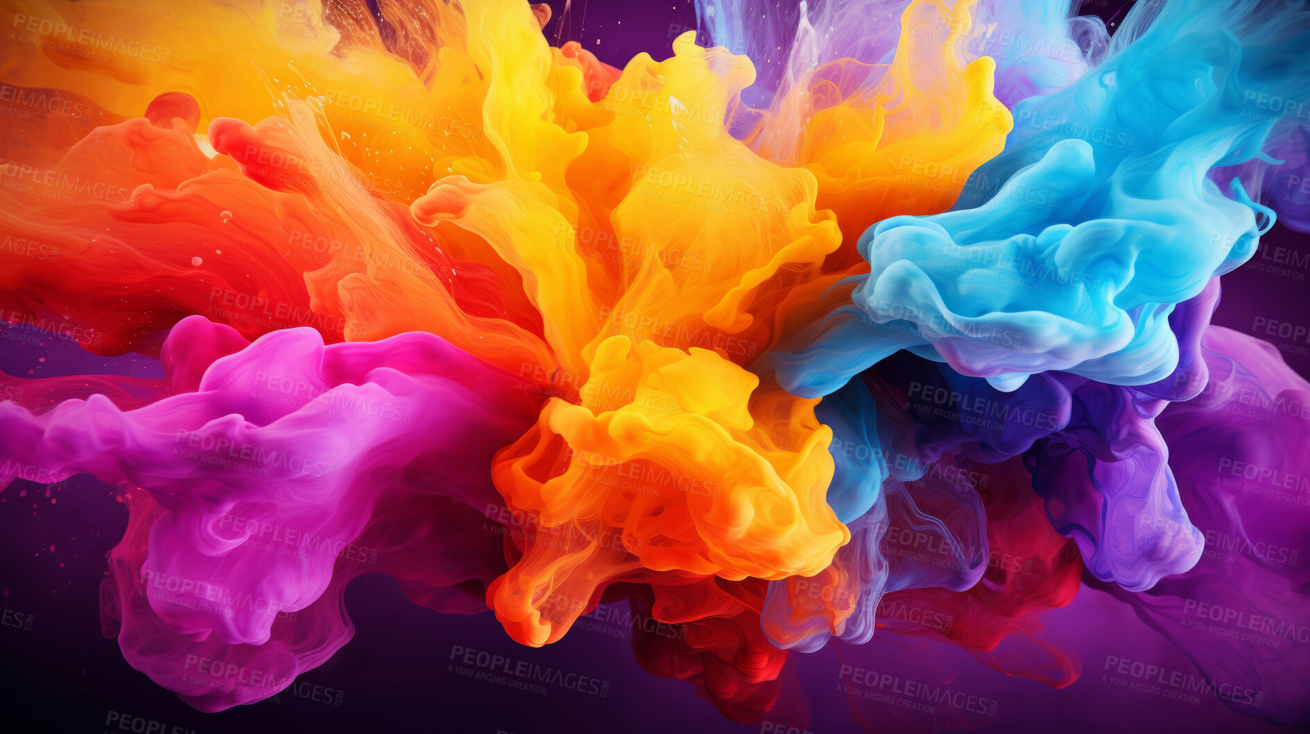 Buy stock photo Colorful vibrant rainbow, ink explosion background.