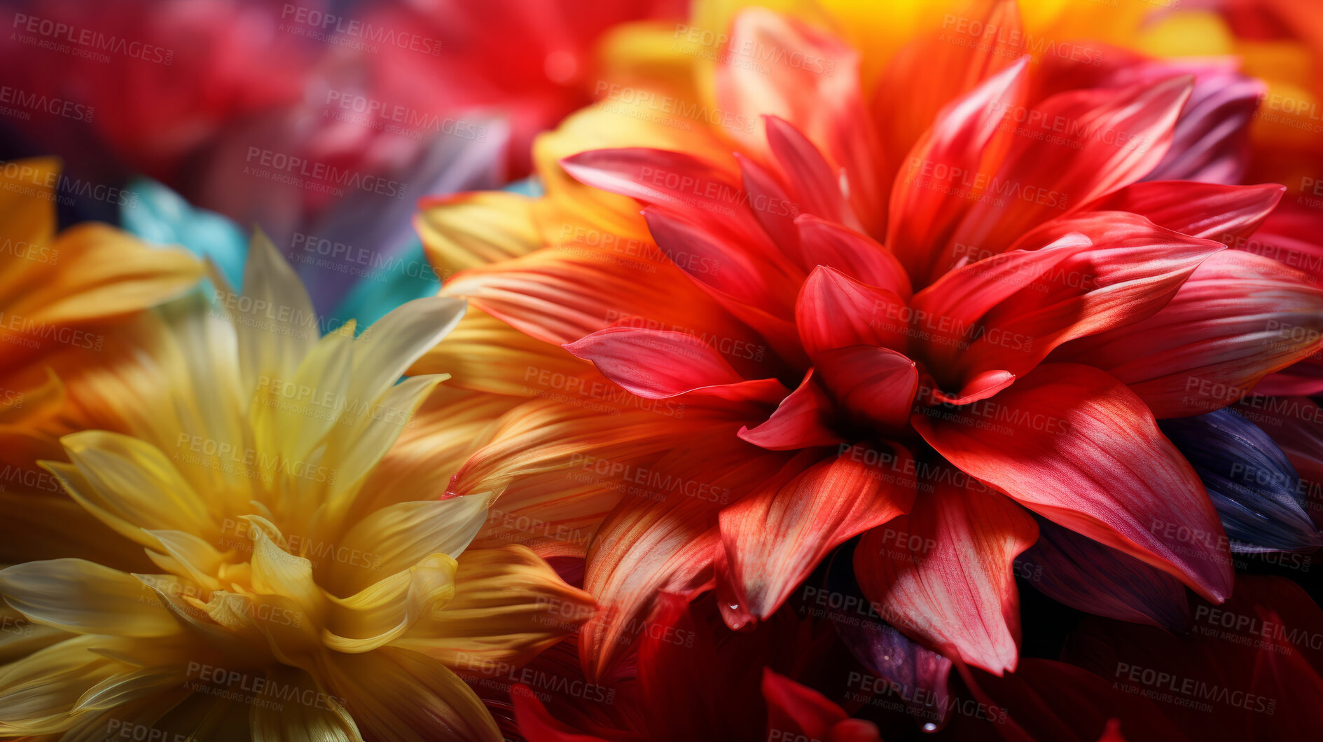 Buy stock photo Close-up of colourful flowers blooming. Digital wallpaper concept.