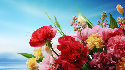 Close-up of colourful flowers on blue sky. Digital wallpaper concept.