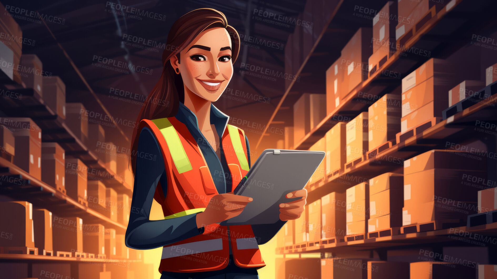 Buy stock photo Worker with tablet in shipping warehouse. Product distribution and logistics