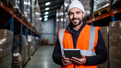 Worker with tablet in shipping warehouse. Product distribution and logistics