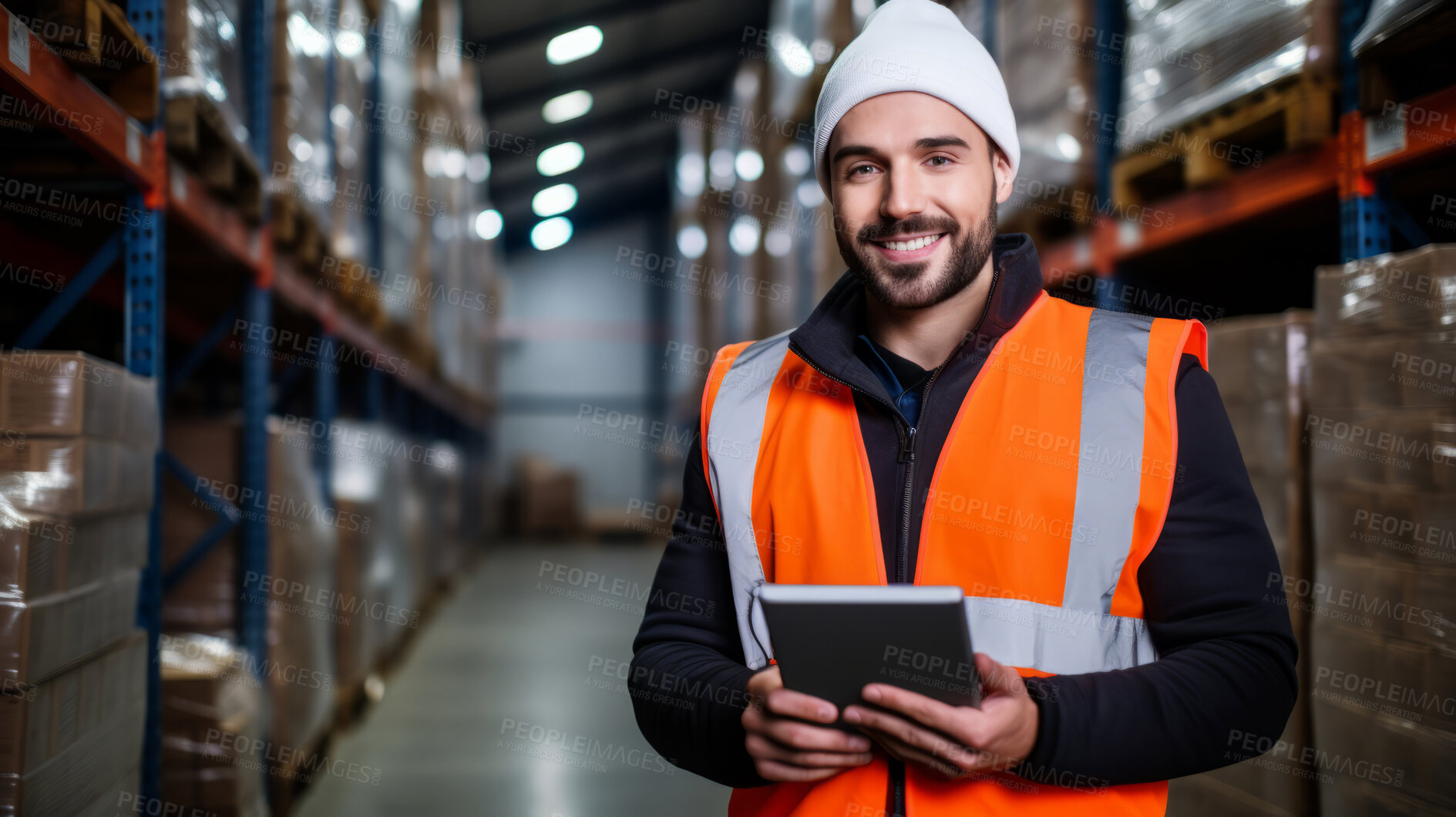 Buy stock photo Worker with tablet in shipping warehouse. Product distribution and logistics