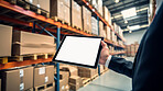 Worker with tablet in shipping warehouse. Product distribution and logistics