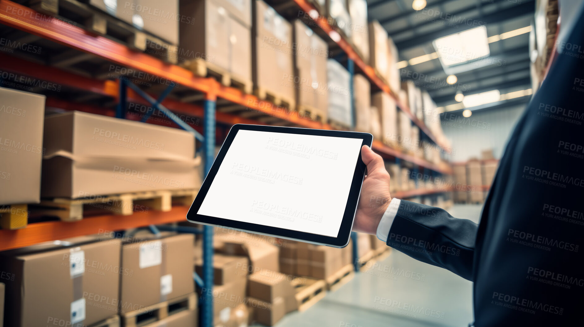 Buy stock photo Worker with tablet in shipping warehouse. Product distribution and logistics