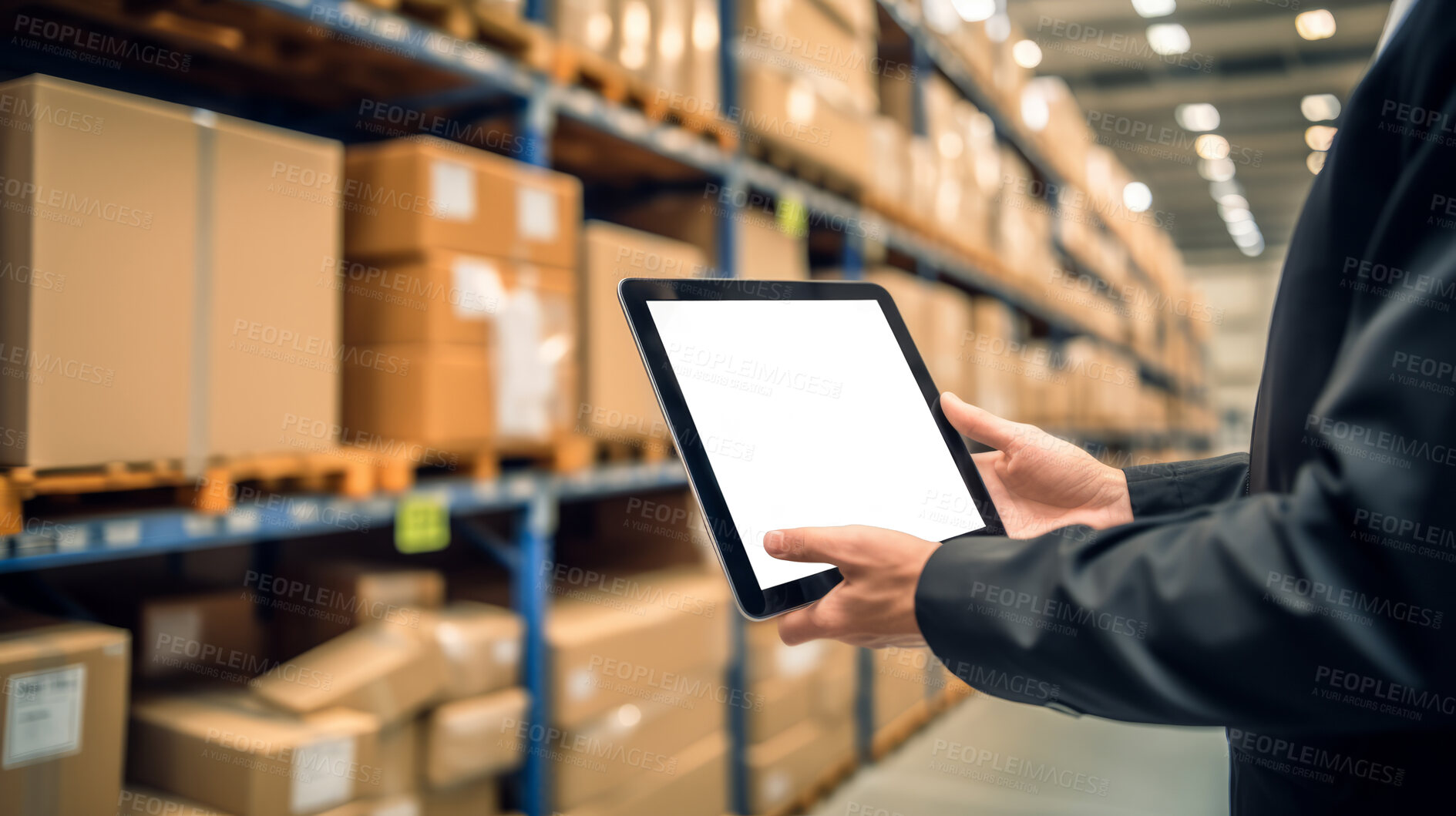 Buy stock photo Worker with tablet in shipping warehouse. Product distribution and logistics