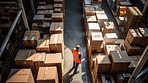 Top-down view: Warehouse with cardboard boxes. Products in distribution center ready for global shipment