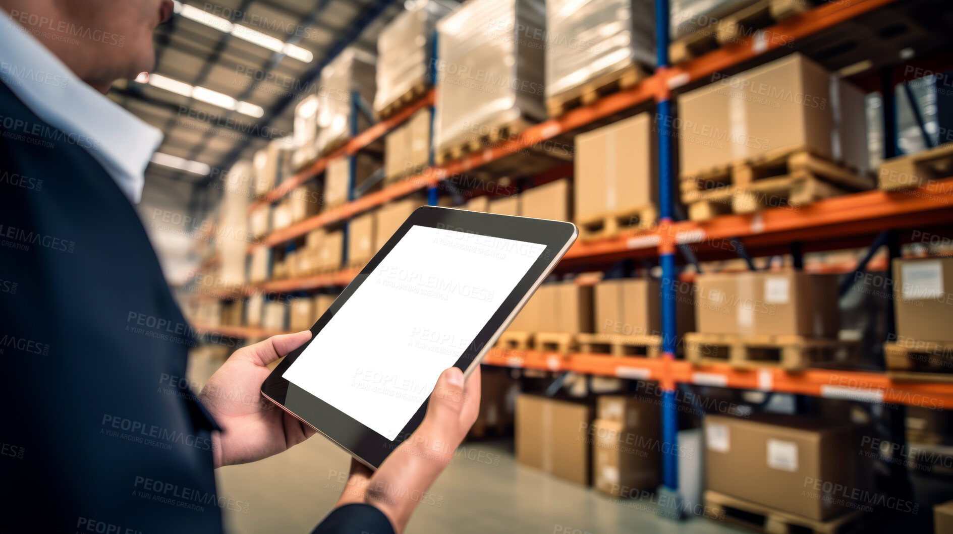 Buy stock photo Worker with tablet in shipping warehouse. Product distribution and logistics