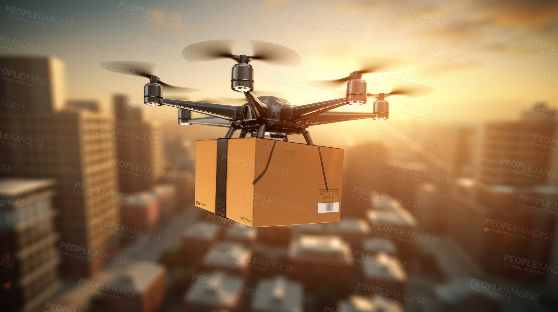 Buy stock photo Delivery drone with package in cardboard box. Fast and efficient shipping and e-commerce