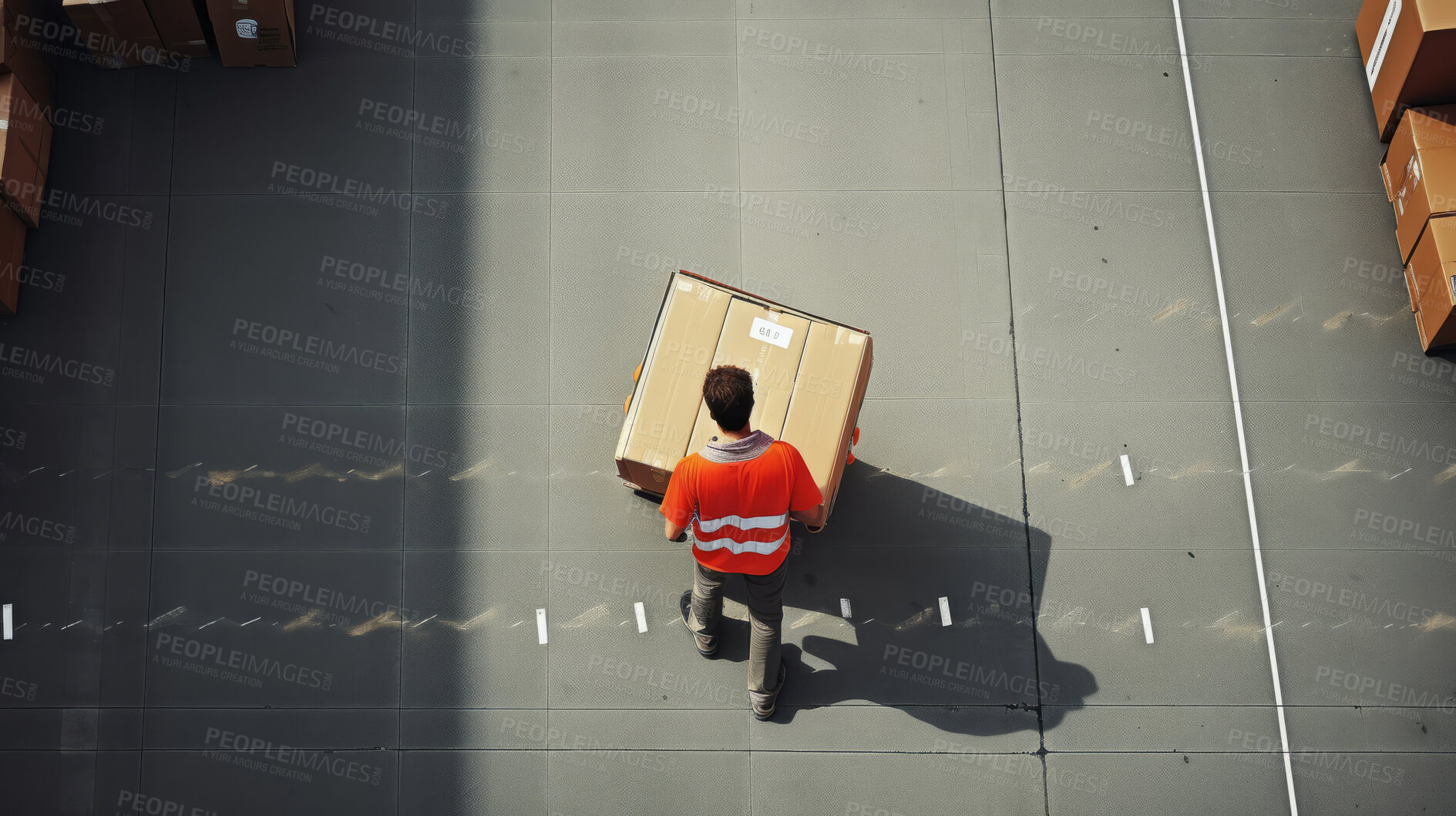 Buy stock photo Top-down view: Worker carry box in warehouse distribution center.