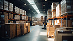 Shelves in retail warehouse with goods in boxes. Logistics and transportation product distribution