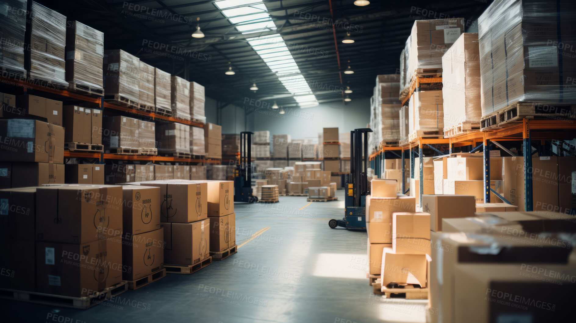 Buy stock photo Shelves in retail warehouse with goods in boxes. Logistics and transportation product distribution