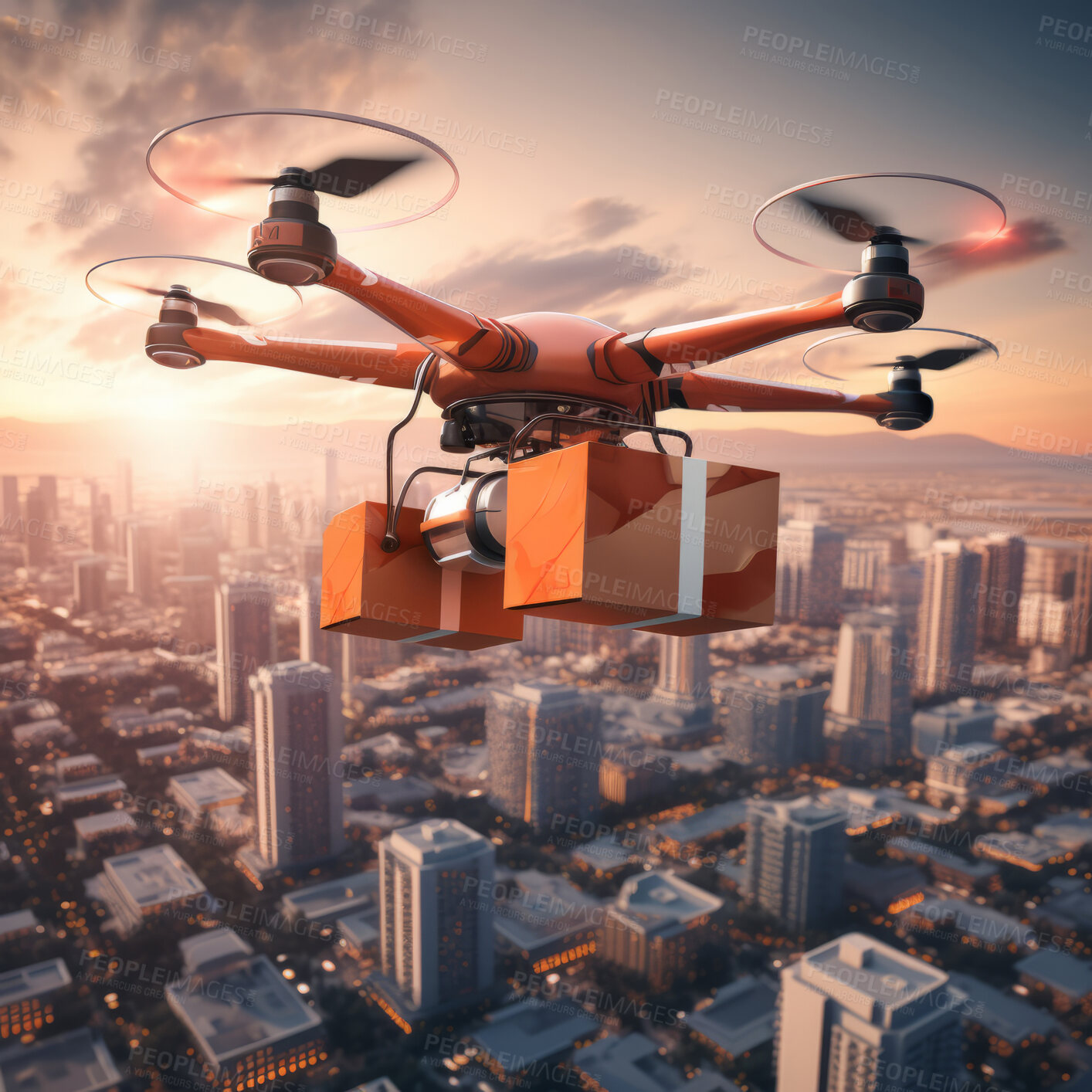 Buy stock photo Delivery drone with package in cardboard box. Fast and efficient shipping and e-commerce