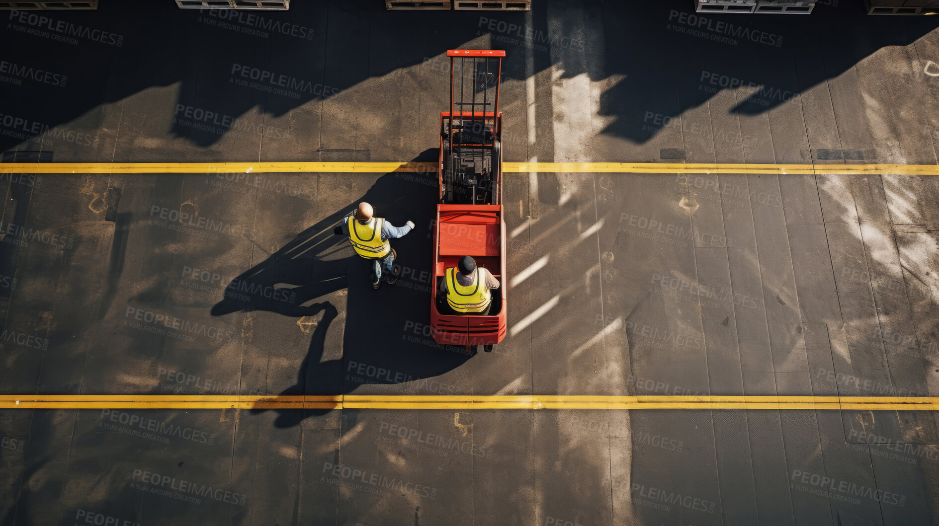 Buy stock photo Top-down view: Workers with forklift ready to move boxes in distribution center.