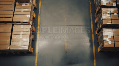 Top-down view: Warehouse with cardboard boxes. Products in distribution center ready for global shipment