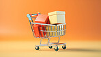 Mini shopping cart with gift boxes. Trolley with online purchases, business marketing