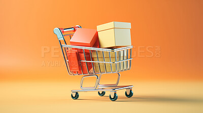 Mini shopping cart with gift boxes. Trolley with online purchases, business marketing