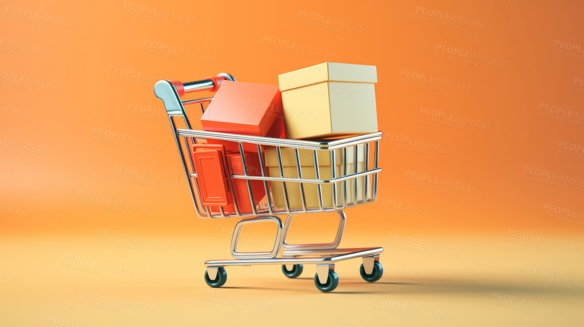 Buy stock photo Mini shopping cart with gift boxes. Trolley with online purchases, business marketing